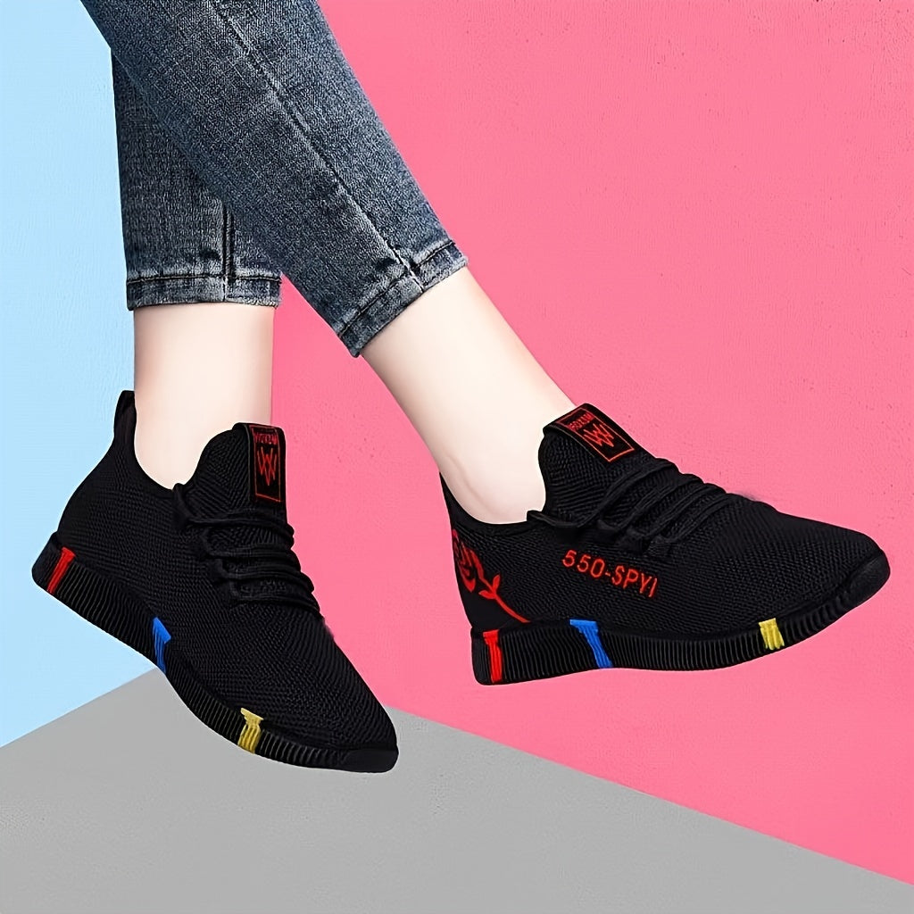 Mesh sneakers for women with letter and rose design, ideal for casual walking and sports activities, featuring a non-slip sole.