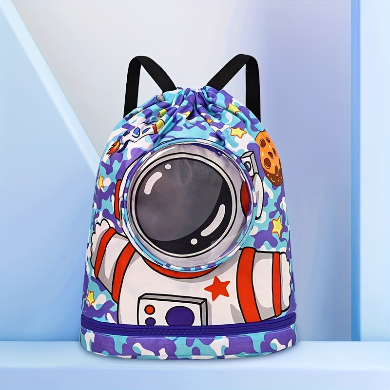 Purple swim bag with dry/wet separation, stylish cartoon design, ideal for sports and travel.