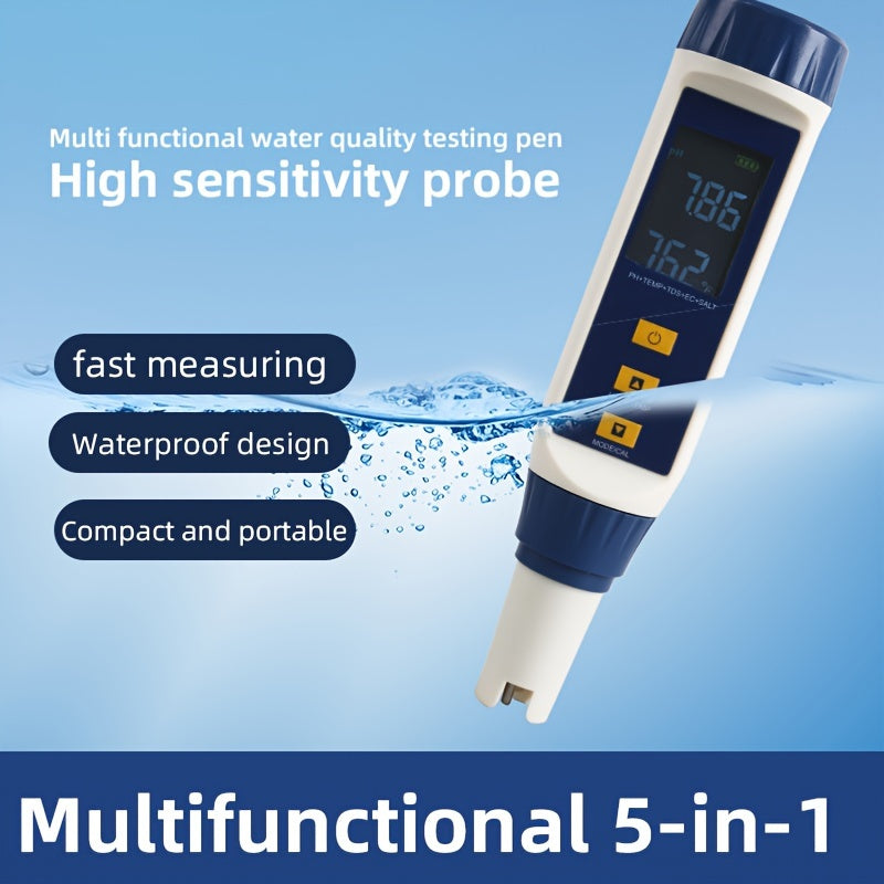 5-in-1 Water Quality Testing Pen with pH range 0-14pH. Large colorful screen. Measures pH/TDS/EC/Temp/Salinity. Battery operated. Non-rechargeable button batteries <20mm. Industrial