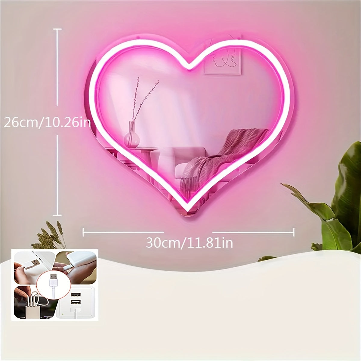 Pink Heart Neon Mirror: Wall-mounted, USB-powered plastic mirror with switch control for versatile use.