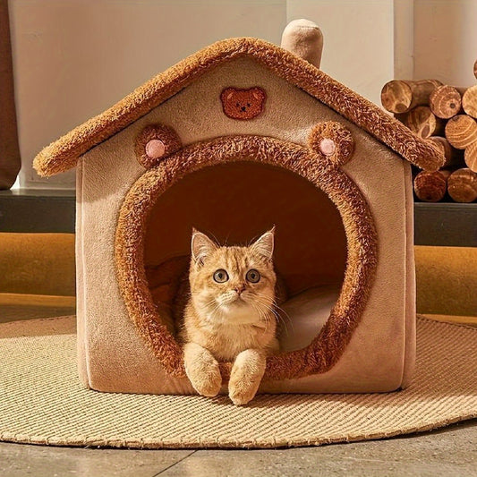 Foldable pet bed for cats and dogs, washable and comfortable for warmth.