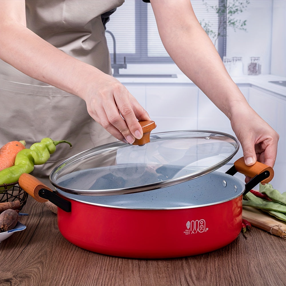 Large cooking pot made for 1 piece (approximately 5 liters), features a non-stick surface, comes with a lid and induction cooker with a wooden handle. Ideal for use on all types of stoves.