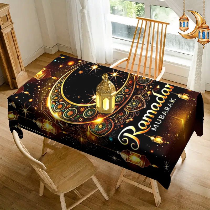 Elegant Ramadan Mubarak tablecloth with ethnic moon print, ideal for Eid celebrations, picnics, and home decor.