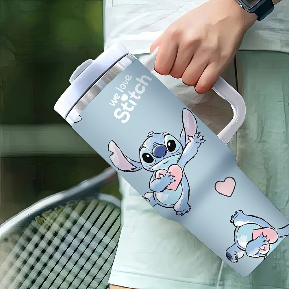 Disney Stitch 40oz stainless steel water bottle with lid and straw, leak resistant, double walled vacuum insulated, large capacity, perfect for travel.