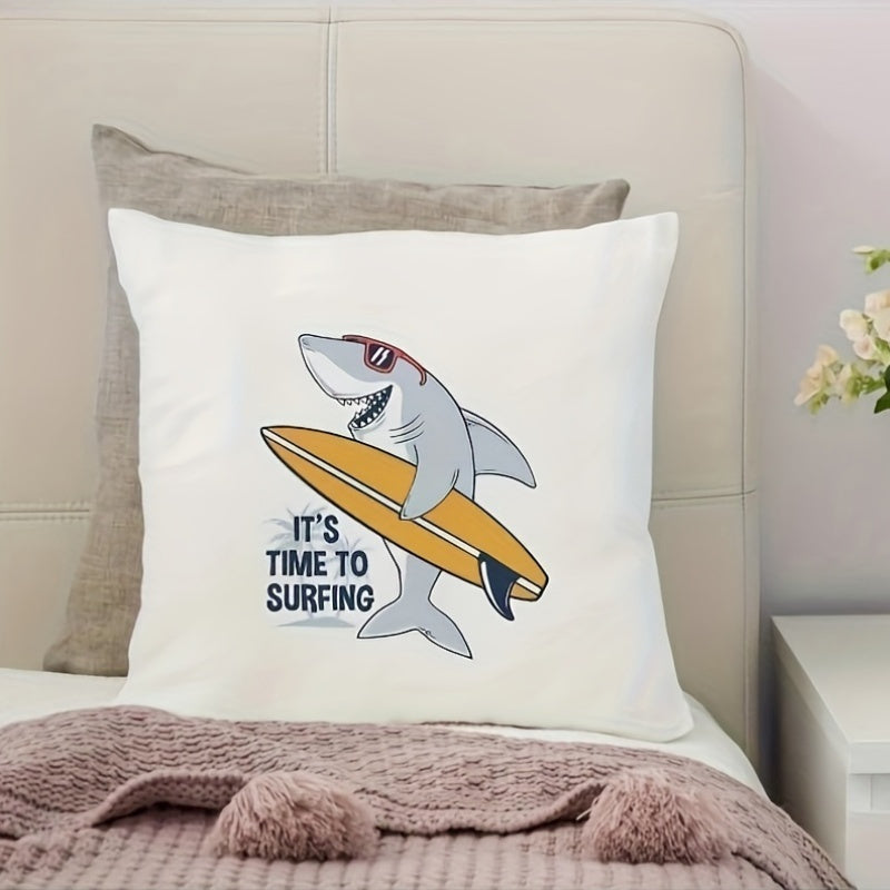 Modern Surfing Shark Linen Throw Pillow Cover with Zipper Closure - Machine Washable, Features Cartoon Fish Ocean Theme, Perfect Decorative Cushion Case for Any Room - Single Sided Print, 1 Piece