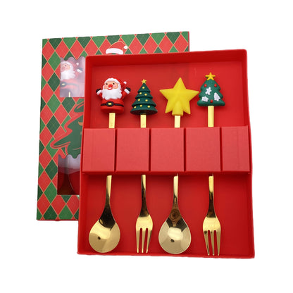 Christmas-themed stainless steel cutlery set includes 4 or 6 pieces in a gift box, featuring Santa, Christmas tree, and reindeer figurine designs. Perfect for serving desserts, cakes, fruit, and coffee during the holiday season. Great gift idea for