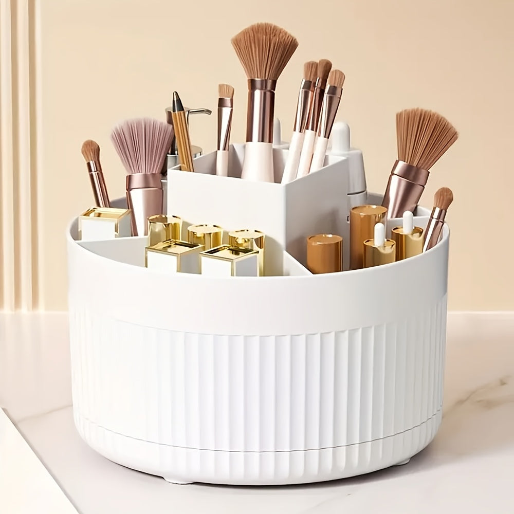 360° Rotating Makeup Organizer with 5 compartments for brushes, lipsticks, skincare, and stationery. Durable unscented desk caddy with luxury stripe design.