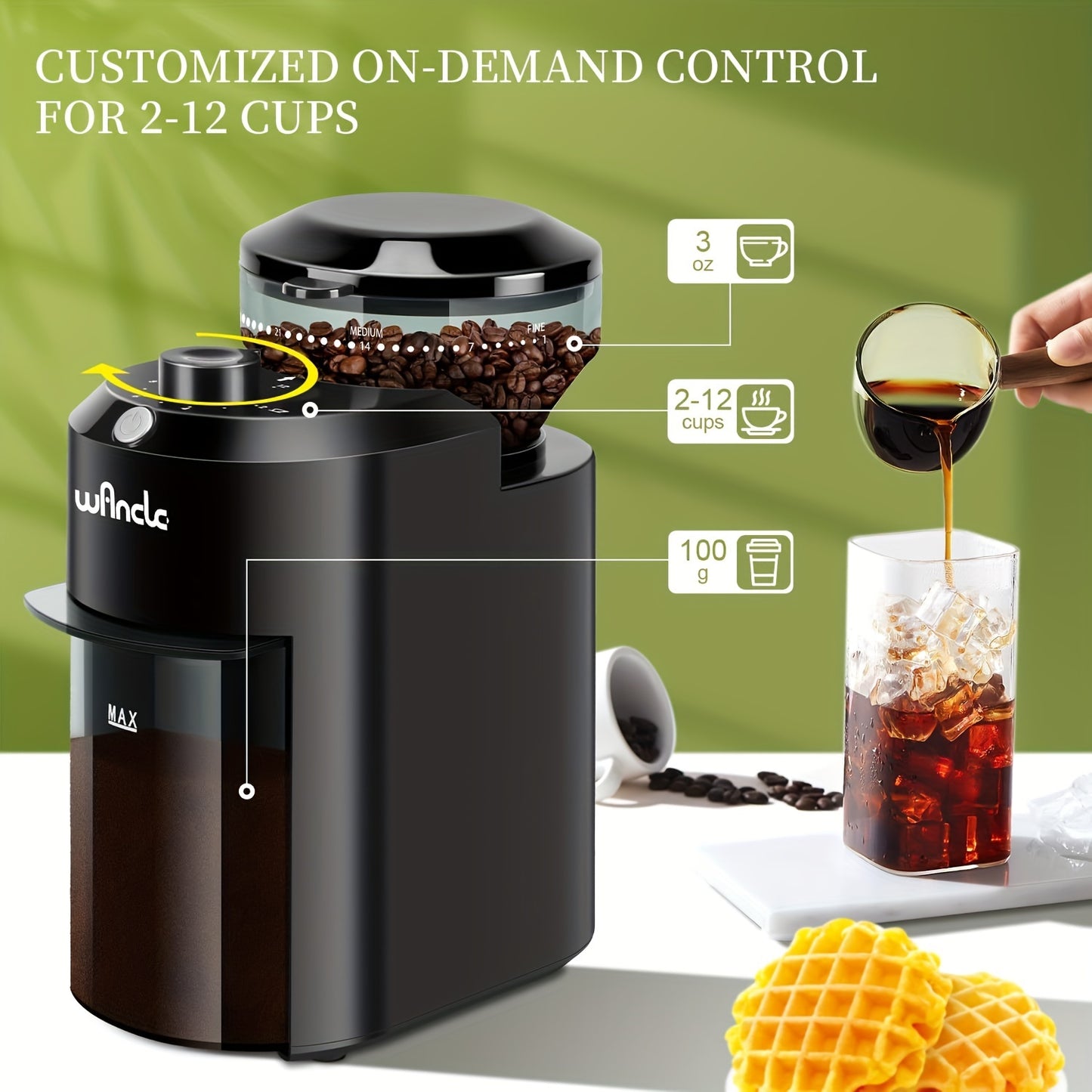 Professional coffee bean grinder with 28 adjustable precision grinding settings, perfect for making 12 cups of coffee.