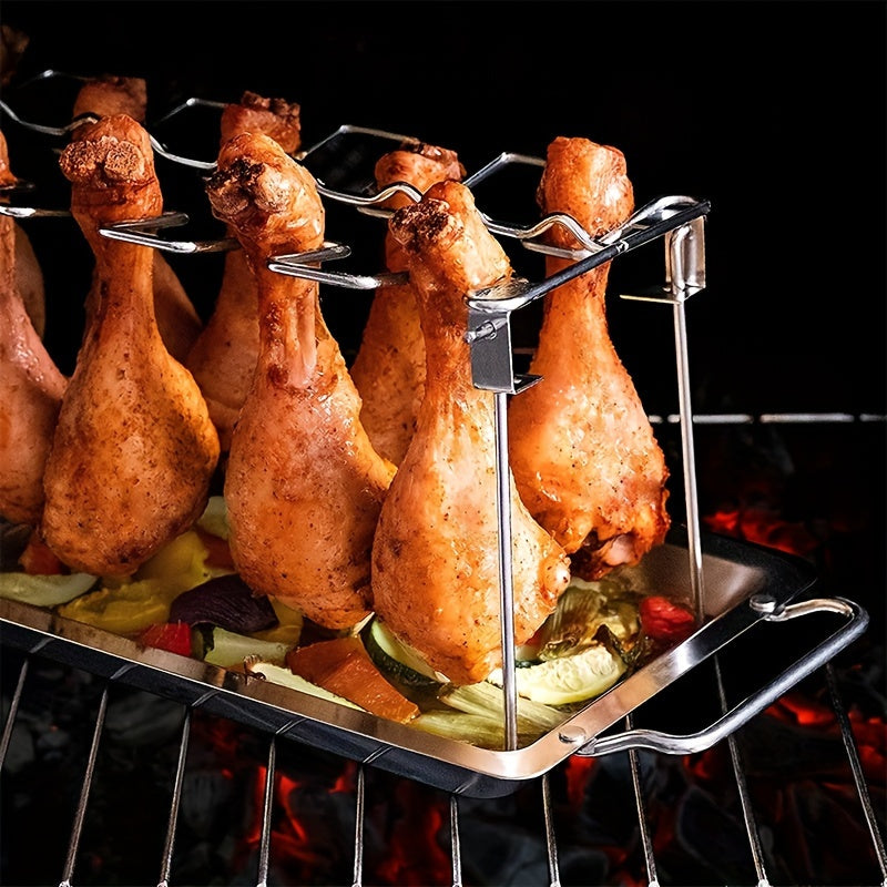 Vertical Stainless Steel Rack for Chicken Legs & Wings - Convenient Foldable Stand for BBQ, Smoker, or Oven - Perfect for Picnics, Camping, and Cooking - Compact Kitchen Tool for Easy Storage