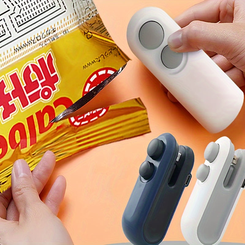 Compact and convenient handheld sealer with USB rechargeable plastic bag cutter, powered by a 155mAh lithium battery - ideal snack sealing tool for use at home.