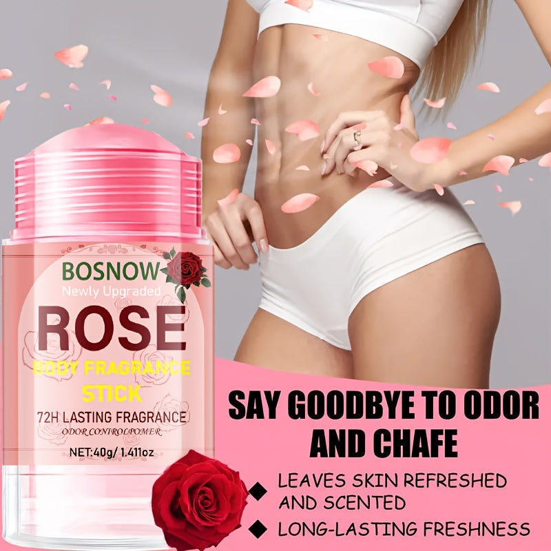 1pc BOSNOW Rose Body Fragrance Stick, 40g/1.41oz, Long-lasting floral scent, moisturizing deodorizer, alcohol-free, suitable for men and women, fresh and pleasant skin experience.