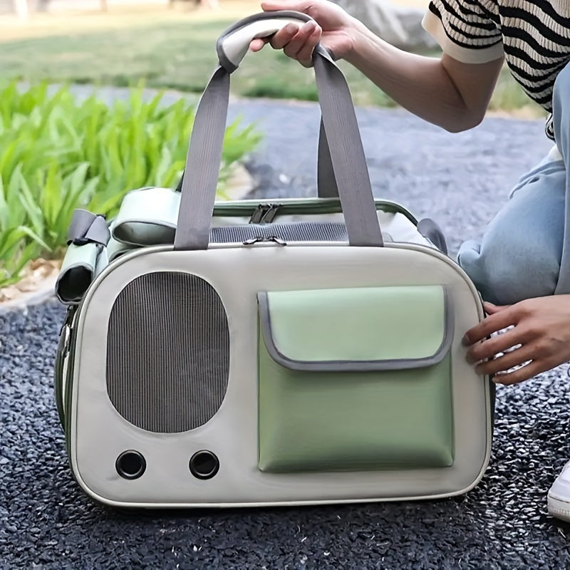 Portable pet carrier bag for cats and small dogs, fashionable, ventilated, foldable single shoulder space capsule for easy travel.