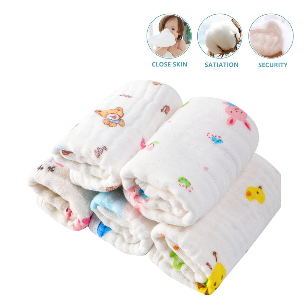 Baby burp cloths made of muslin for boys and girls, each measuring 50.8cmX25.4cm. Featuring 6 layers for extra thickness and super soft absorbency. Each pack contains 5 pieces.