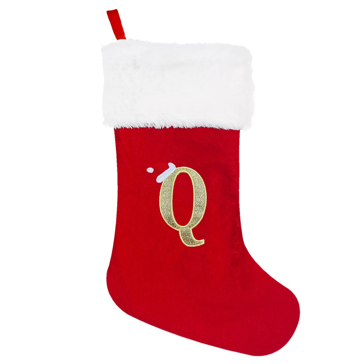 1 red velvet Christmas stocking with white plush cuffs, embroidered initial, 53.34 cm. Perfect for holiday parties and home decorations.