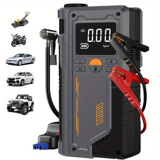 Portable wireless car emergency starter with tire inflator pump, LED flashlight, and USB rechargeable lithium battery.