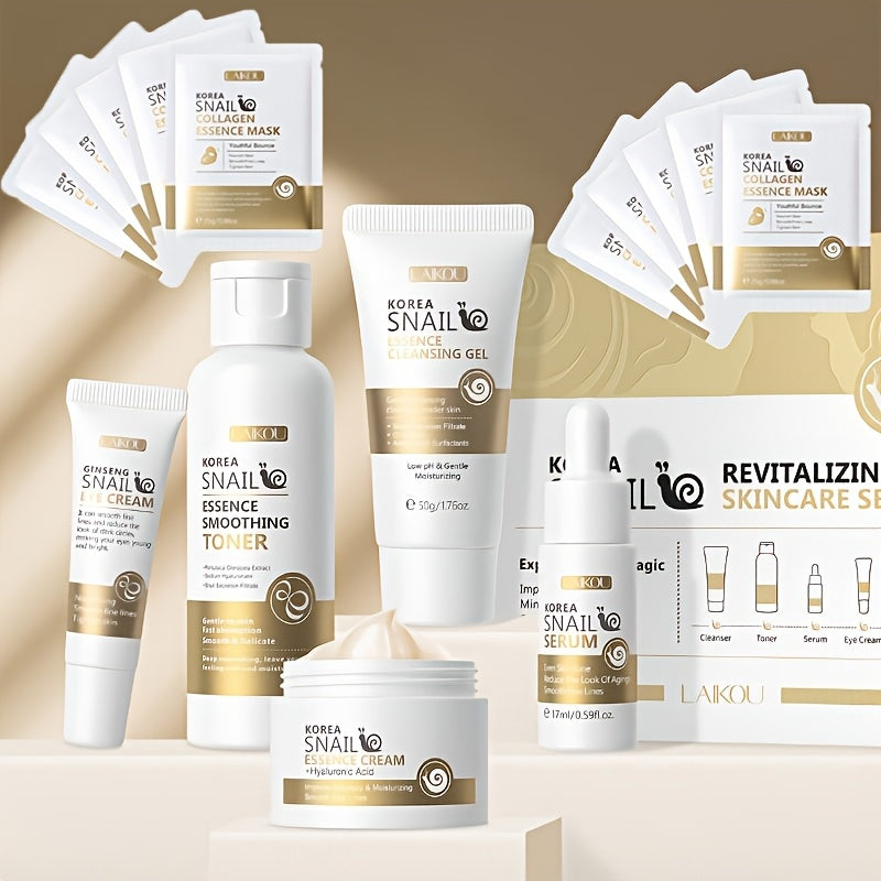 Korean Snail Revitalizing Skincare Set includes 5pcs & 10pcs; unisex adult skincare set with essence, serum, cleansing gel, and cream. Formaldehyde-free with glycerin for all skin types