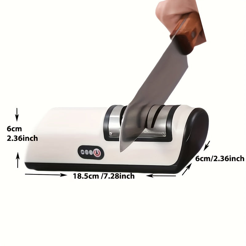 Portable and efficient electric knife sharpener with 2-speed settings. This USB rechargeable kitchen gadget automatically sharpens various knives with its built-in lithium battery. Made of durable ABS material, it is ideal for camping, picnic, and