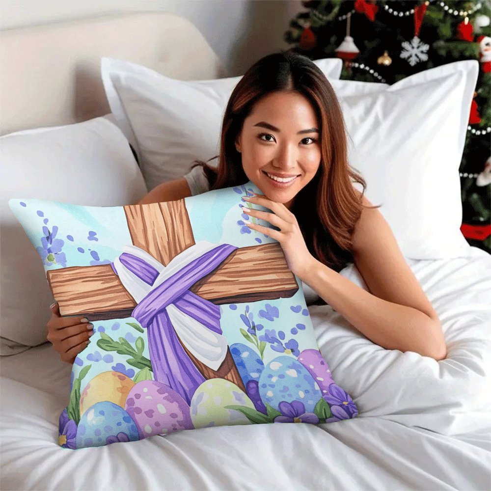 Pillow Cover Set featuring Modern Floral Easter Egg & Cross Design, Pack of 2, 45.72x45.72 cm, Easy to Wash in Machine, Comes with Zipper Closure, Year-round Comfort, Perfect for Sofa and Bedroom Decor, Insert Not Included