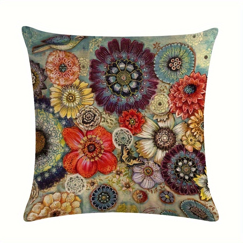 Mexican elements linen blend throw pillow case, featuring butterflies and flowers. Single-sided print, no pillow insert. Size: 45.72x45.72cm. Perfect for living room, bedroom, couch, or sofa décor.