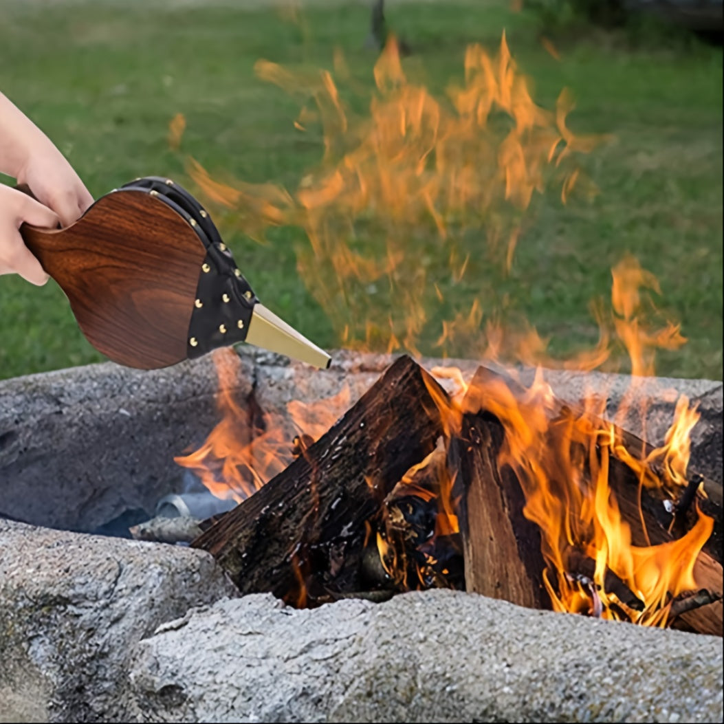 Durable Hardwood and Faux Leather Rustic Brown Wood Fireplace Bellows for Effortless Outdoor Cooking, BBQs, and Campfires