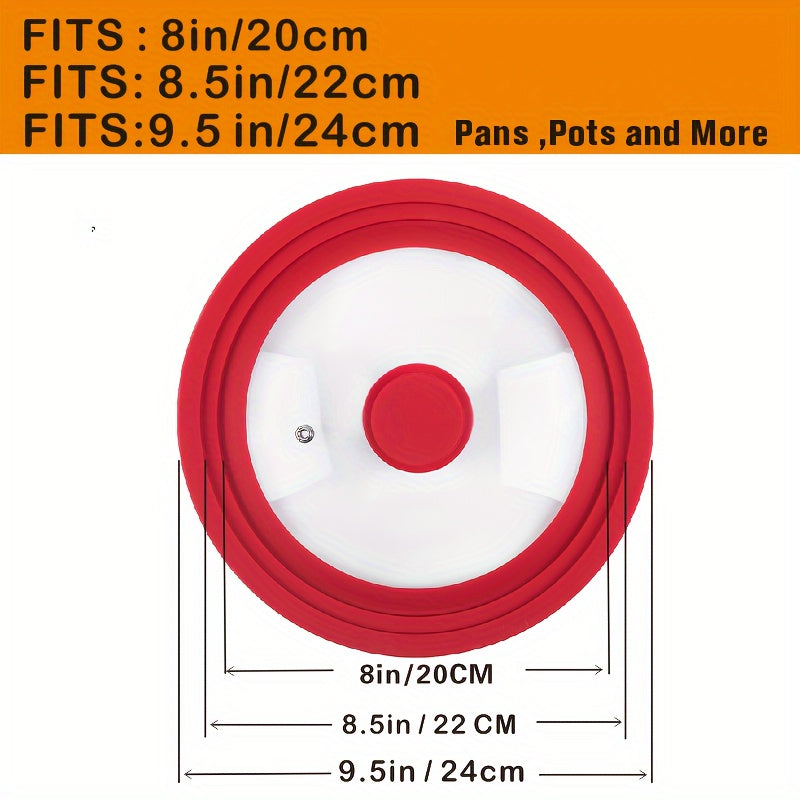 Multi-functional red silicone-rimmed glass lid designed for pots and skillets from 20.32cm to 27.94cm in diameter - can be safely cleaned in the dishwasher, features a non-slip knob, and is heat resistant.