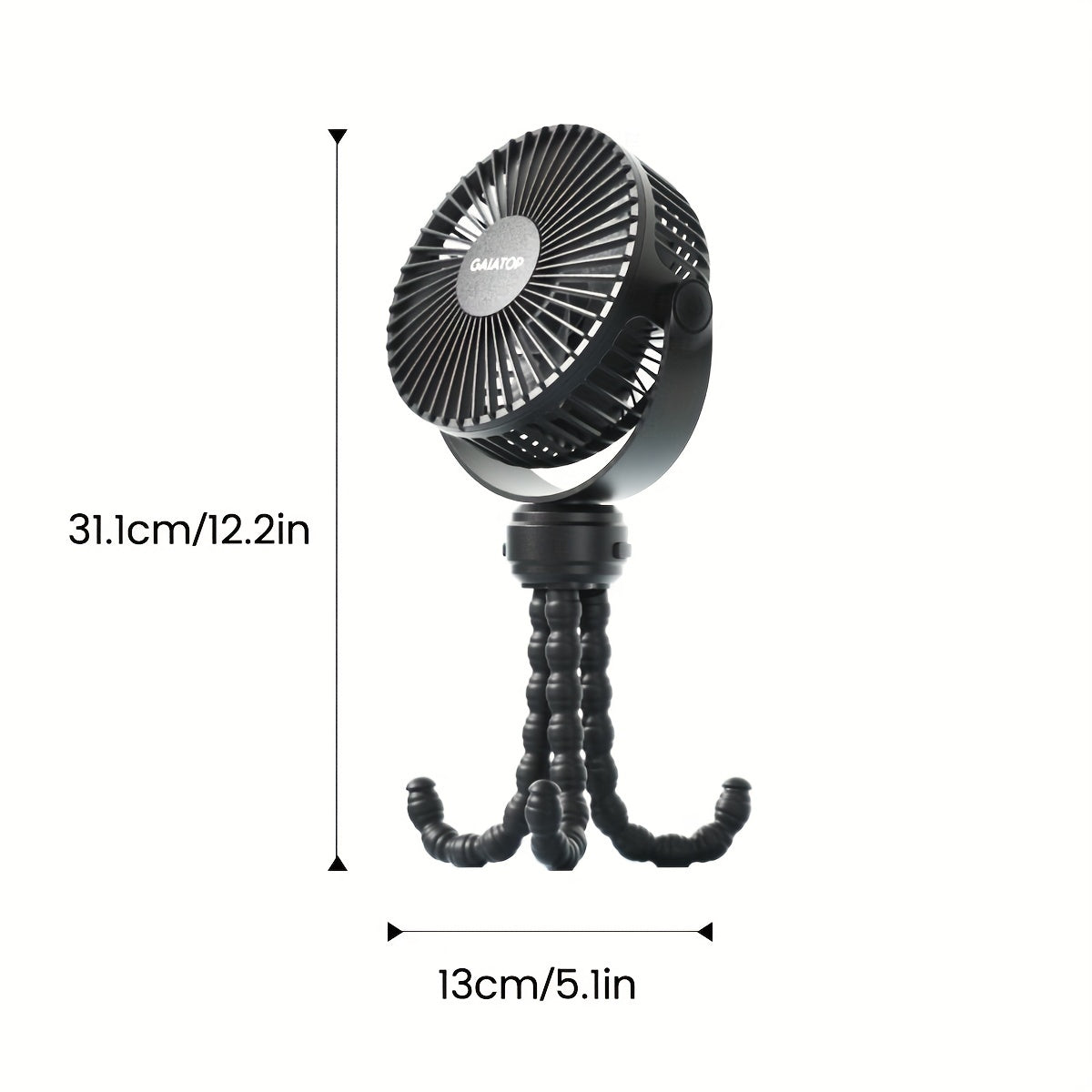 Small clip-on fan, rechargeable portable stroller fan with 3 speed settings, detachable and flexible, 360° rotation for handheld or desk use. Operates on battery power.