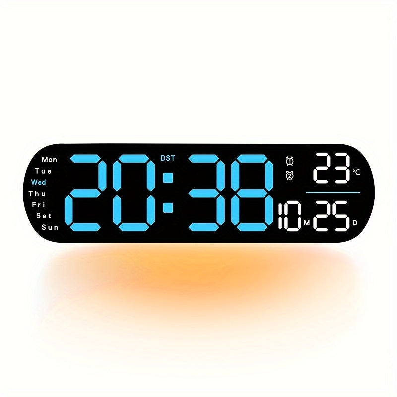 Multifunctional LED wall clock with remote control. Features dual alarm, date and week display, auto-dimmable brightness, 12/24H format, and USB powered. Includes night light and ideal for