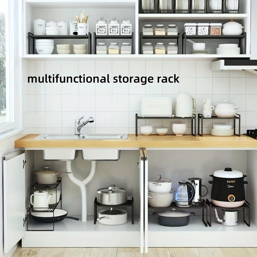 Japanese Kitchen Cabinet Layered Shelf made of carbon steel with multiple storage layers. This multifunctional rack is perfect for keeping kitchen essentials organized, such as seasoning, soup pots, and dishes. It is suitable for both kitchen and study