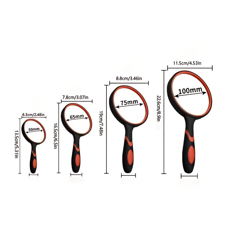 1pc Portable handheld uncharged 30X magnifying glass available in sizes 50mm, 65mm, 75mm, and 100mm for reading books, maps, science education, and for use by the elderly and youngsters.