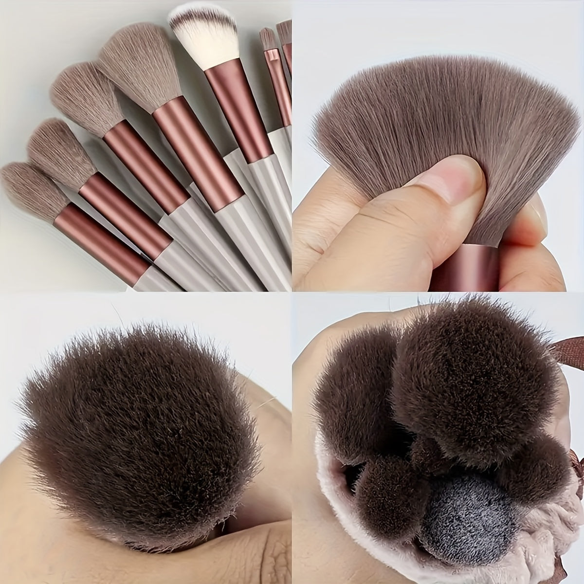 Travel-friendly makeup brush set with 13 pieces featuring nylon bristles and ABS handles, suitable for foundation, eyebrows, concealer, and eyeshadow for all skin types.