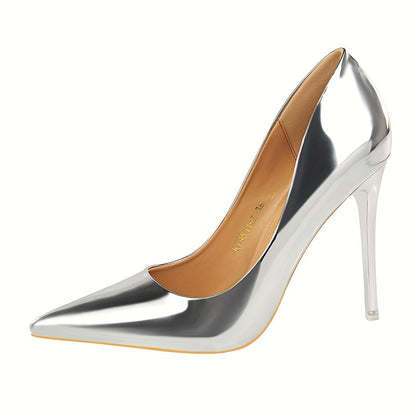 Elegant metallic stiletto heels for women with sleek pointed toe, transparent strap, and lightweight PU cover.