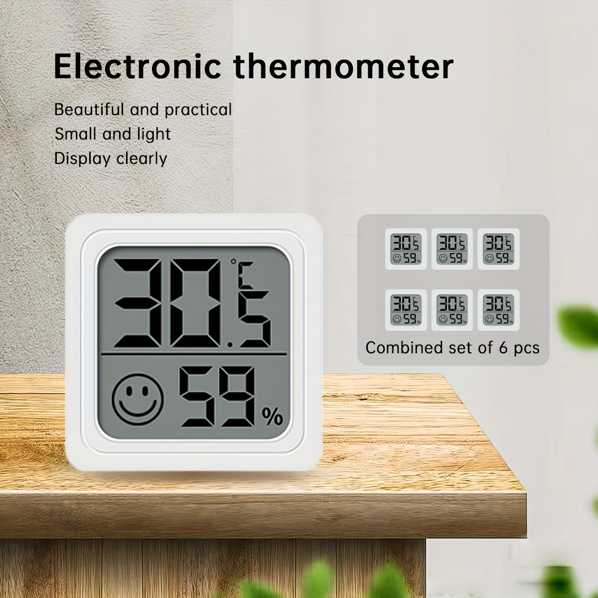 Set of 6 Mini Digital Hygrometer Thermometer Combos with LCD Display, Comfort Indicator, Battery Powered, Wall Mount or Stand Option - Plastic, for Adults.