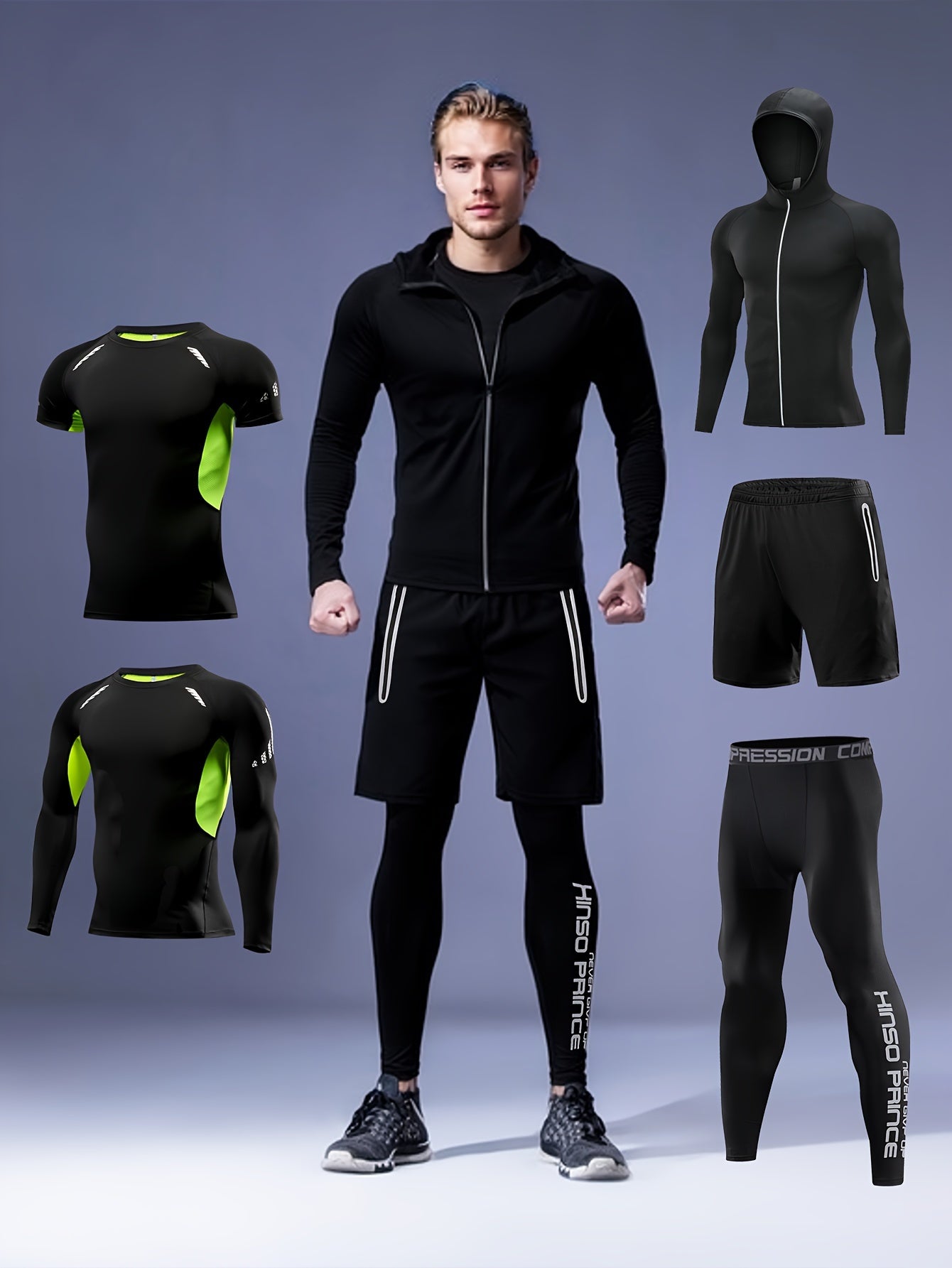 Men's athletic sportswear set includes 5 pieces made of polyester knit fabric with a skinny fit, zipper detail, and hooded jacket. Set includes long and short sleeve tops, tight pants, and