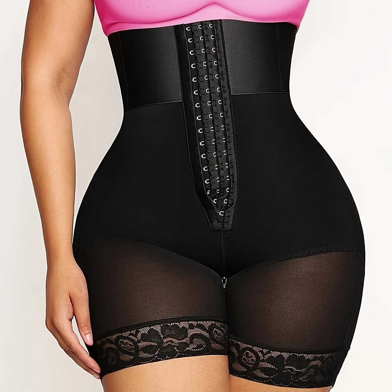 High-waist shapewear shorts with tummy control and lace trim, seamless body shaper for slimming under dresses.