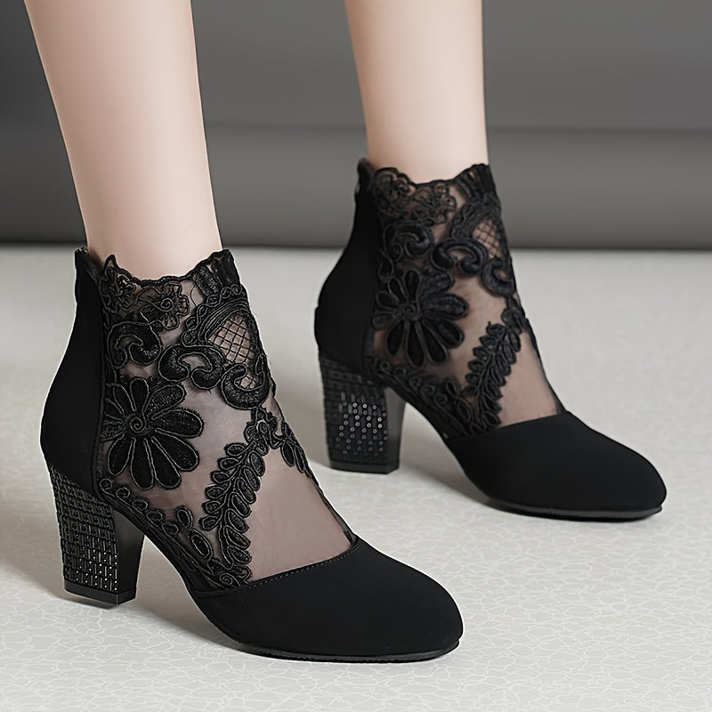 Women's Floral Lace Pattern Boots with Back Zipper, Chunky Heel, and Round Toe