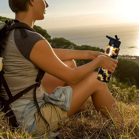 Sunflower Sports Water Bottle: 24oz stainless steel vacuum cup with 4 lids, straw, brush. Portable thermal bottle for camping, hiking, fitness. Perfect summer drinkware and travel accessory. Ideal for birthday gifts.