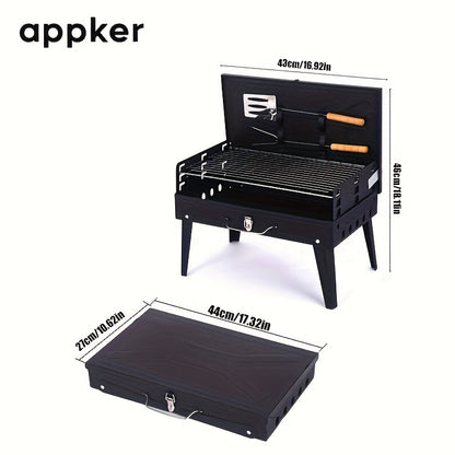 Appker Portable Charcoal BBQ Grill Set with foldable cast iron design, polished finish, windproof & dustproof lid, and includes BBQ tools.