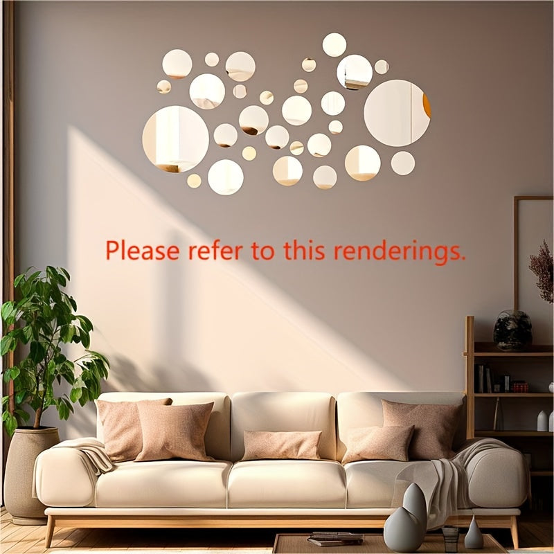 33 round 3D acrylic mirror wall stickers, self-adhesive and removable. Suitable for various rooms. Waterproof and no electricity required.