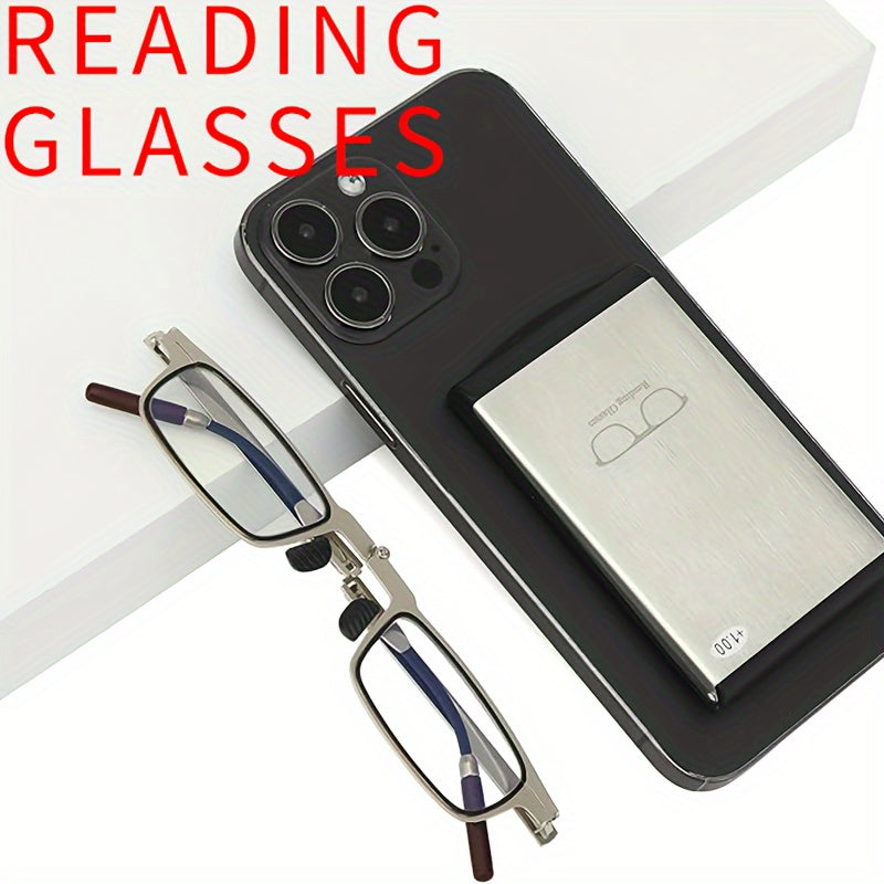 Compact folding reading glasses with smartphone attachment - ultra-thin metal frame, anti-blue light HD lenses, portable and durable for men and women. Features minimalist design, durable