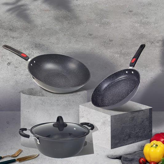 Set of 3 Cast Iron Cookware Pieces with Non-Stick Maifan Stone Coating - Set includes Frying Pan, Skillet, and Stock Pot - Ideal for Home Cooking