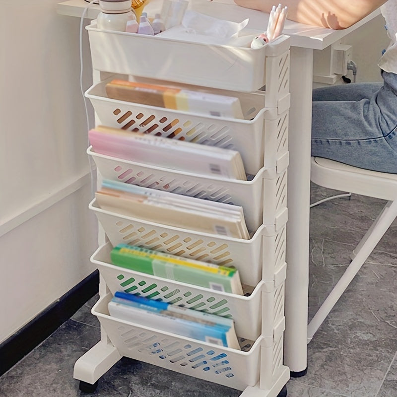 White plastic storage shelf with 5 or 6 layers for organizing items in office.