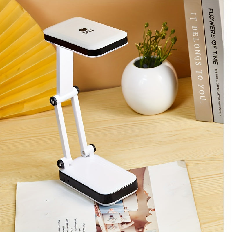 Compact LED desk lamp with eye protection, dual power options, and foldable design - perfect for students reading in dorms and bedrooms.