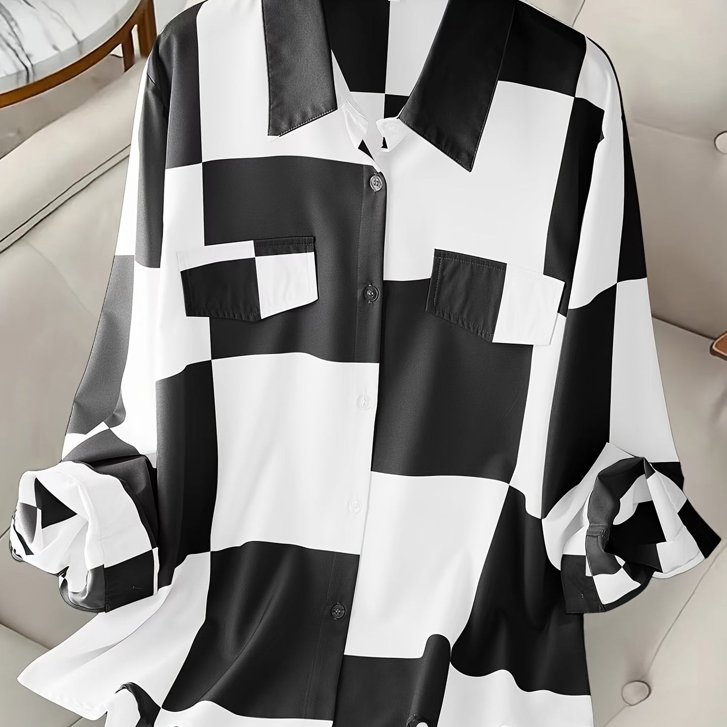 Striped Print Button Front Shirt for plus-size women, perfect for Spring & Fall.