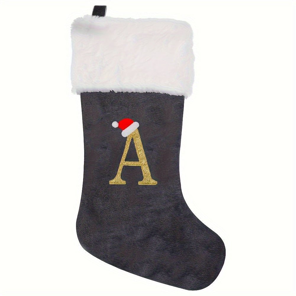 Modern Christmas stocking featuring 'HOME' embroidery in grey and white, made of polyester flannel, 43.18cm in length, feather-free, perfect holiday gift.