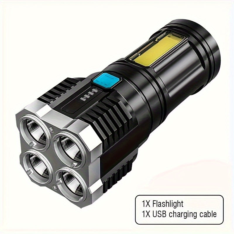 Staaricc LED flashlight with USB rechargeable COB side light, 4 modes, dimmable, push button control, IPX-4, ABS plastic, outdoor use, includes cable and 400mAh battery.