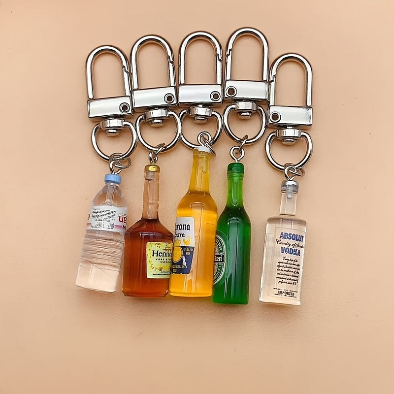 Set of 5 Miniature Beverage Bottle Keychain Set, Made of Resin & Alloy, Ideal for Keys, Phones, Bags, Great for Parties and Unique Gifts