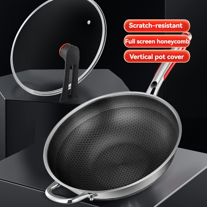 Stainless Steel Wok with Glass Lid and Honeycomb Non-Stick Coating - Features Full Screen Anti-Scratch Vertical Pot Cover, Dual Anti-Stick Shovels, and Scratch-Resistant Design - Perfect for Gas and Induction Cooktops