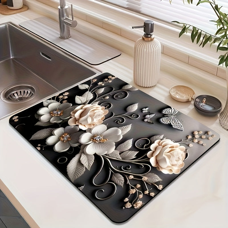 Top Pick! Elegant Floral Kitchen Drying Mat - Highly Absorbent & Non-Slip, Made with Diatom Mud Rubber, Perfect for Countertops, Faucets & Pet Areas, Stylish Black with White Flowers & Green Leaves Design, a Must-Have for Every Home