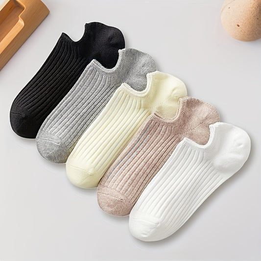 5 pairs of solid color low cut invisible socks for women, simple and breathable