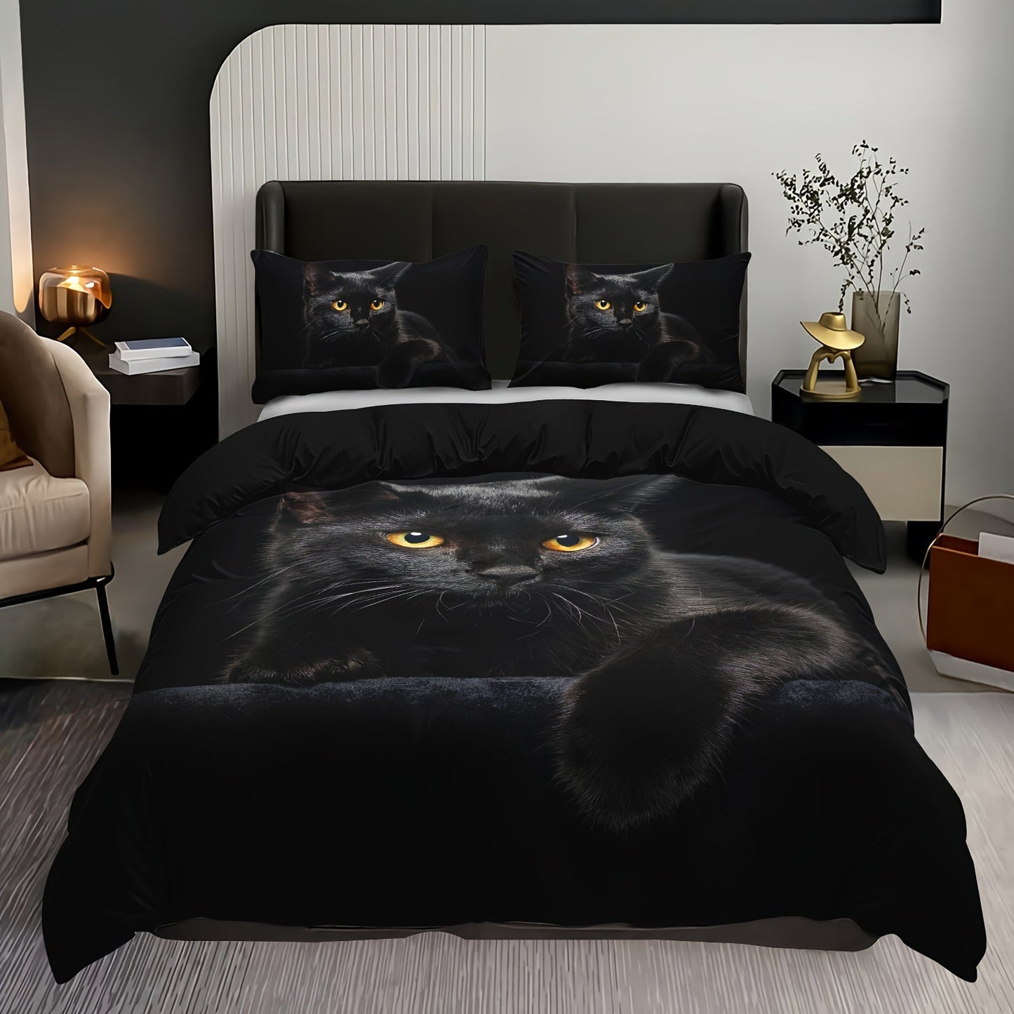 Dress up your bedroom or guest room with this stylish 3-piece Duvet Cover Set featuring a trendy 3D Black Cat print. Set includes 1 Duvet Cover and 2 Pillowcases (Core not included), providing all-season comfort. Made of soft and comfortable fabric